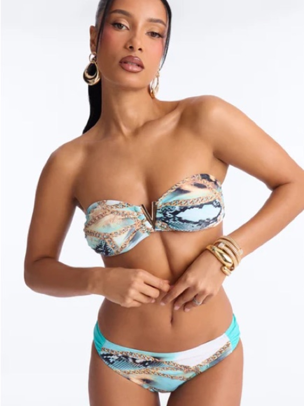 Strapless Bandeau Bikini Set in Aqua Animal & Chain Print